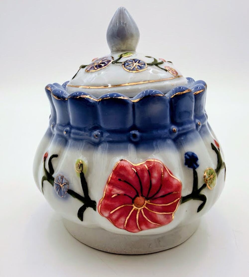 Vintage Hand Painted Floral Covered Trinket Jar Ceramic